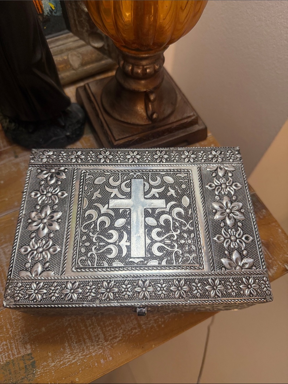 Treasures of India Ornate Silver Cross Embossed Keepsake Box